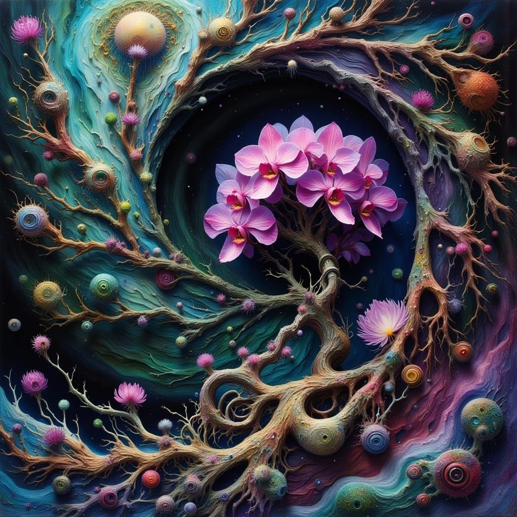 Ethereal Blossoming Through Ancient Ruins in Dark Oil Painti...