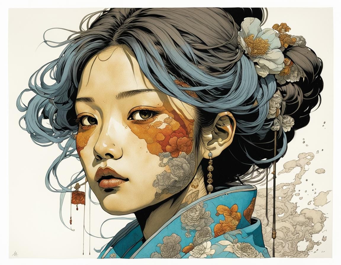 Asian Woman Portrait in Manga Style Color Blocks