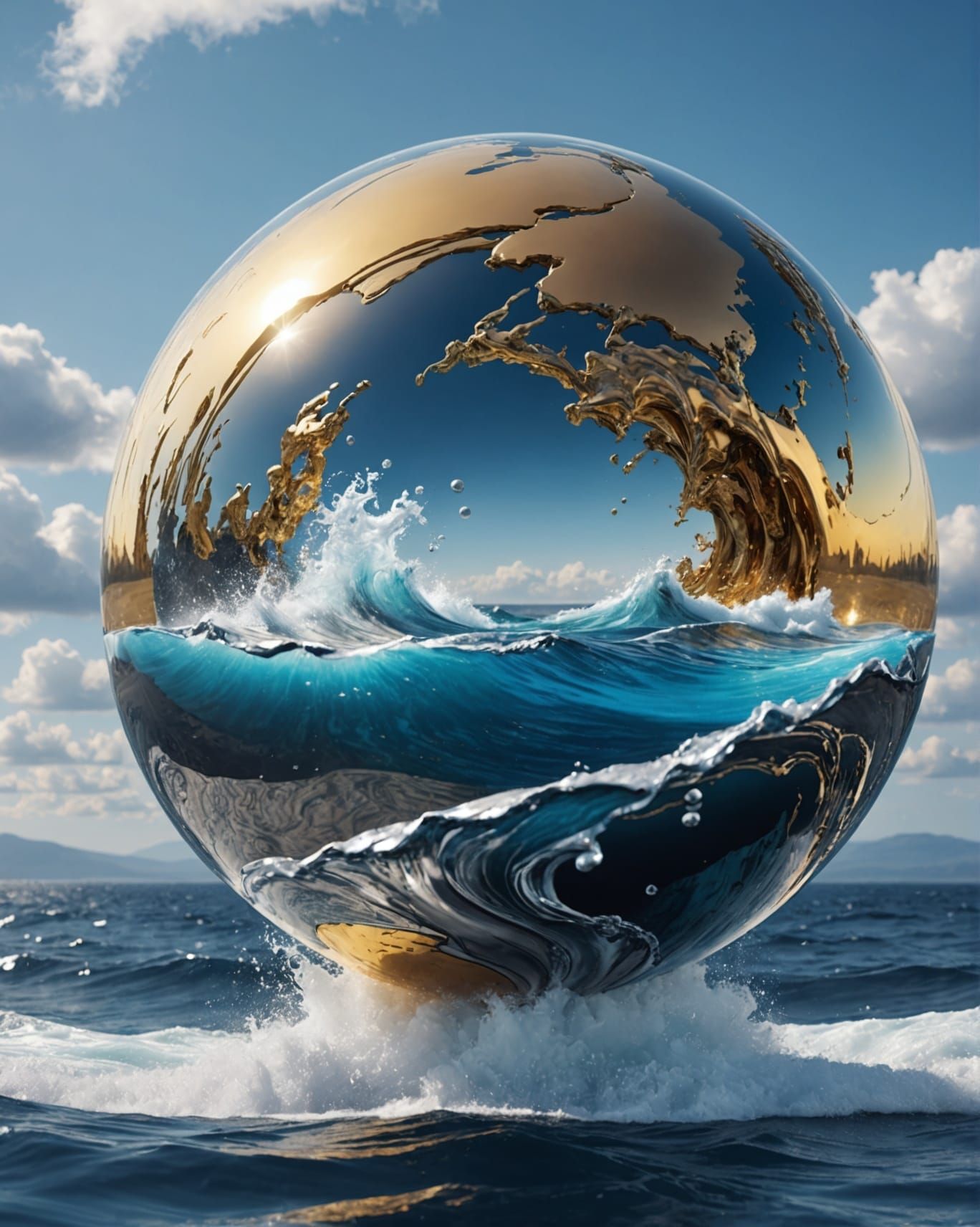 Liquid Metal Sphere over Blue Sea: 3D Render