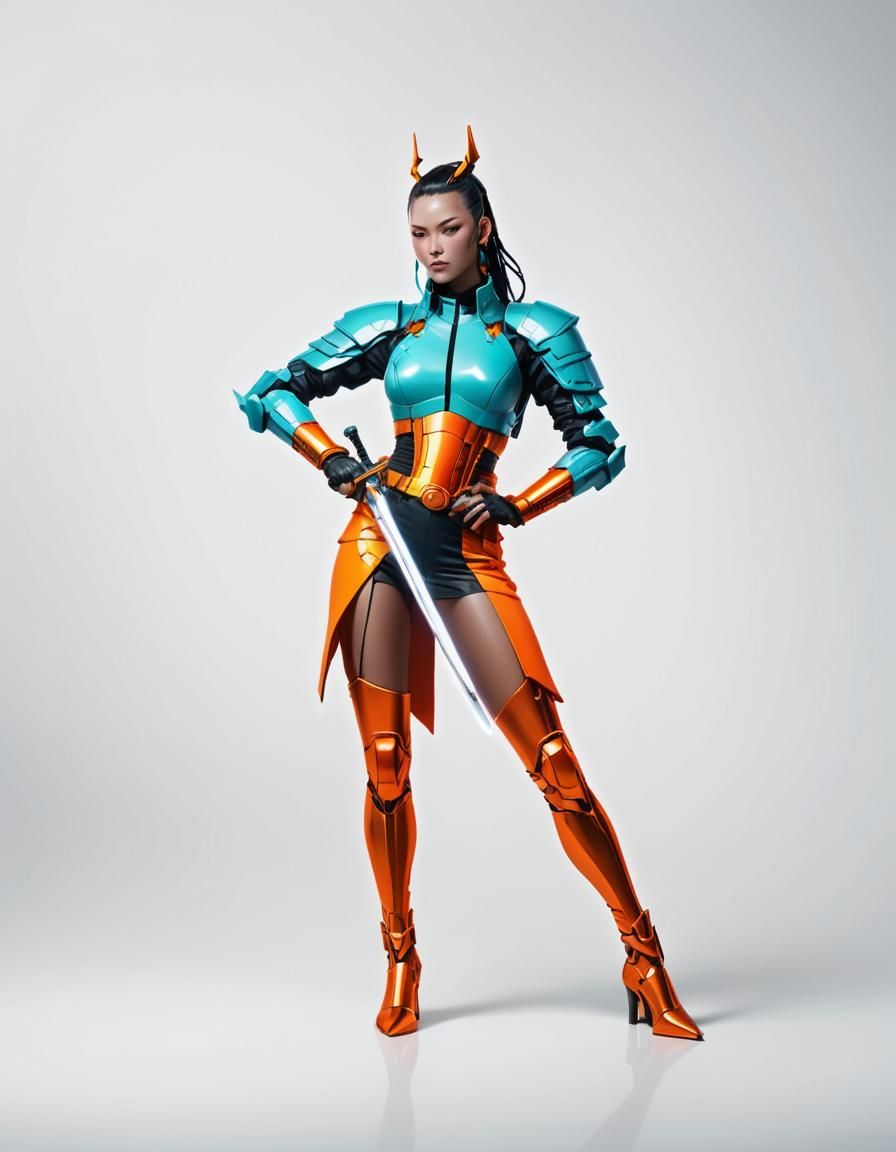 Cyberpunk Queen with Sword in Neon Cityscape