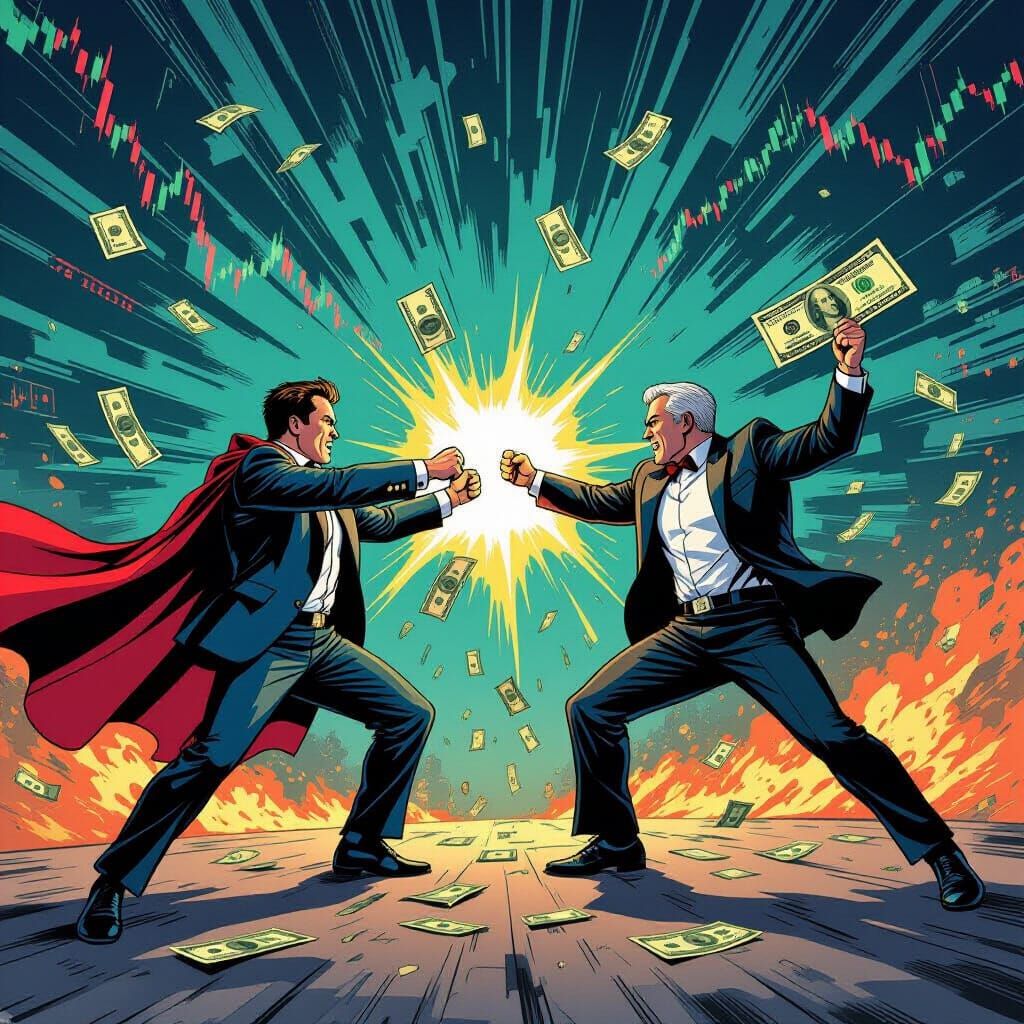 Tech Titans Duel with Dollar Bill Weapons in Comic Style