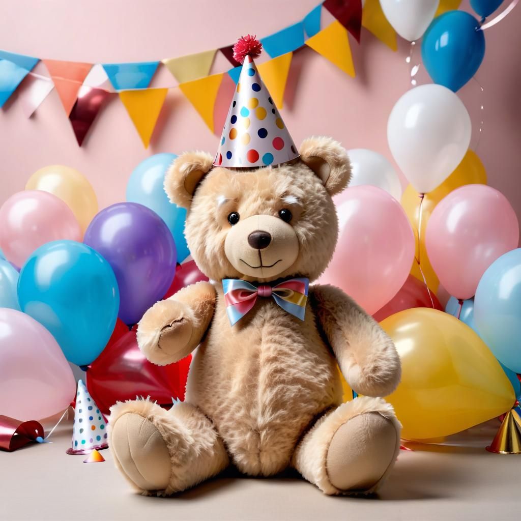 Teddy Bear with a party hat celebrating her birthday