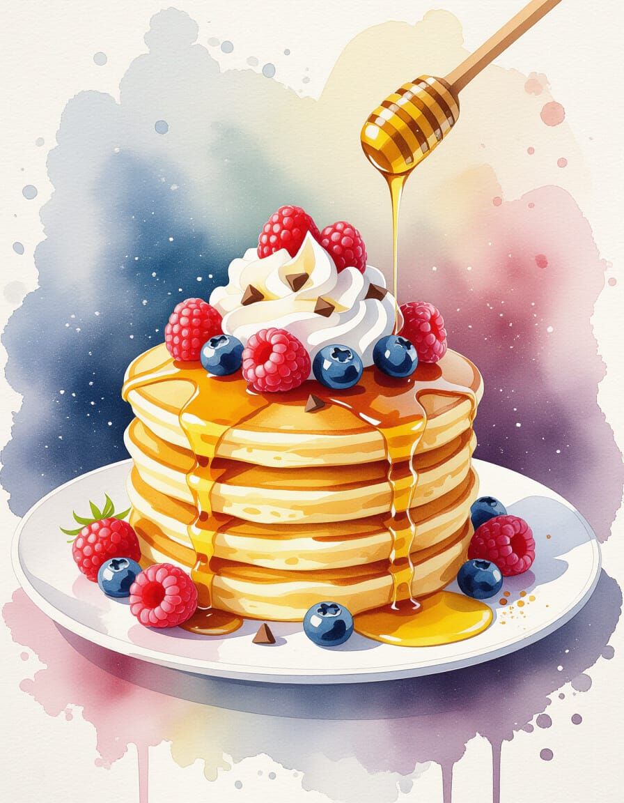 Watercolor Pancakes with Berries and Cream