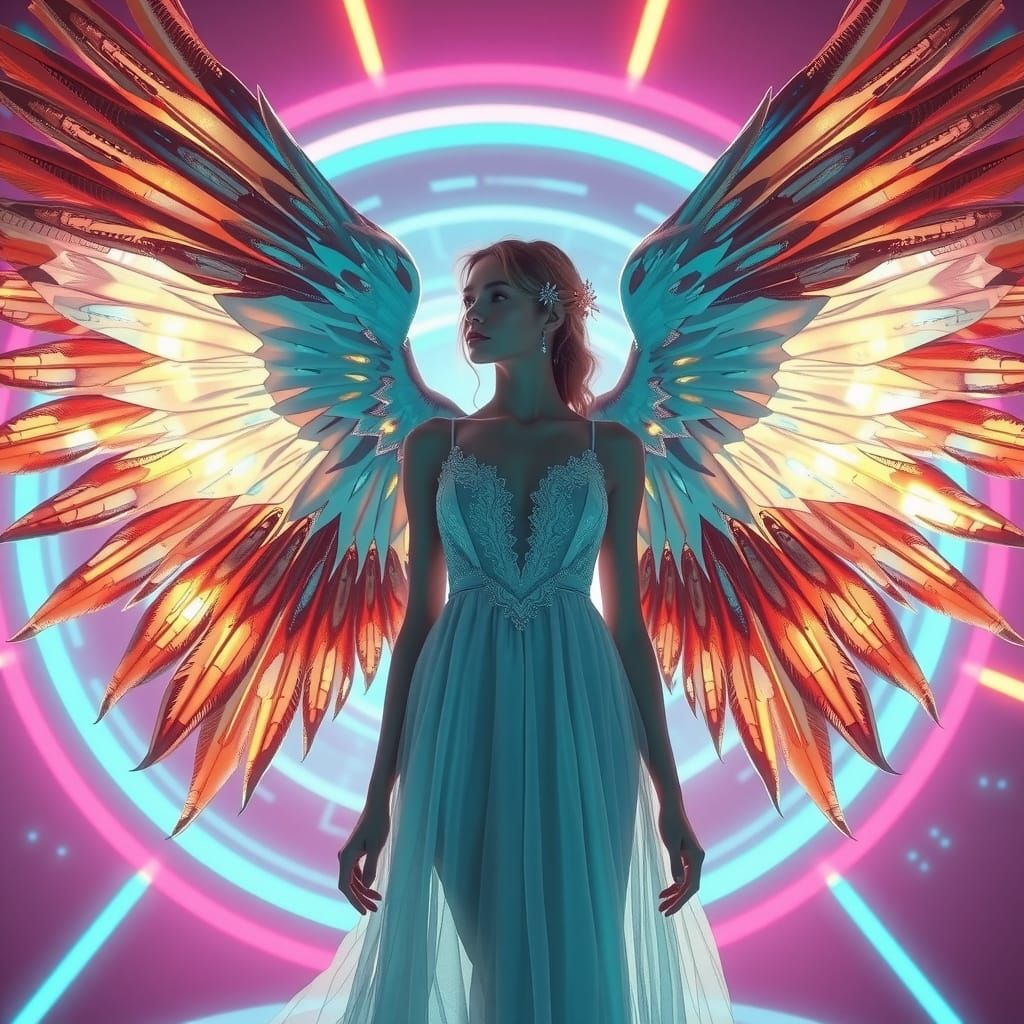 Ethereal Woman with Glowing Wings in Neon Light