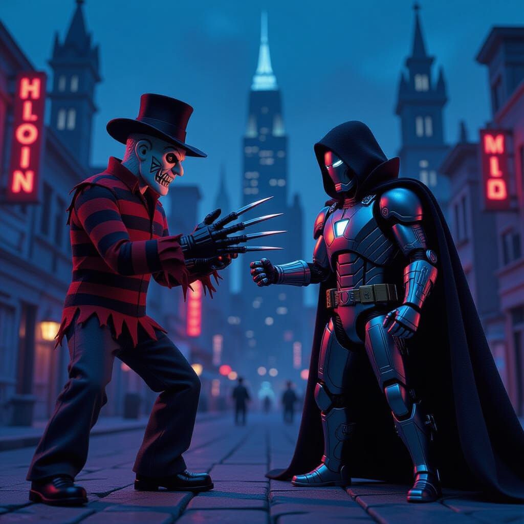 Freddy Krueger Versus Iron Man in Cyberpunk Dreamscape