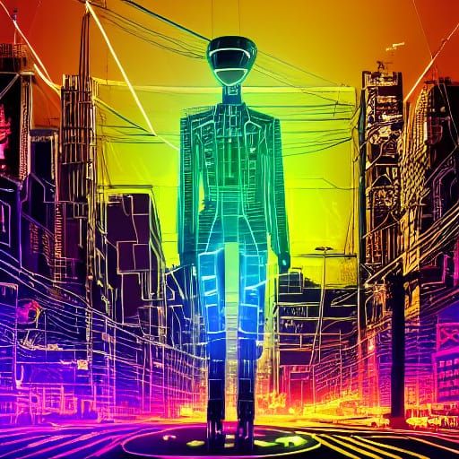 Futuristic Wire Girl in Neon Cityscape
