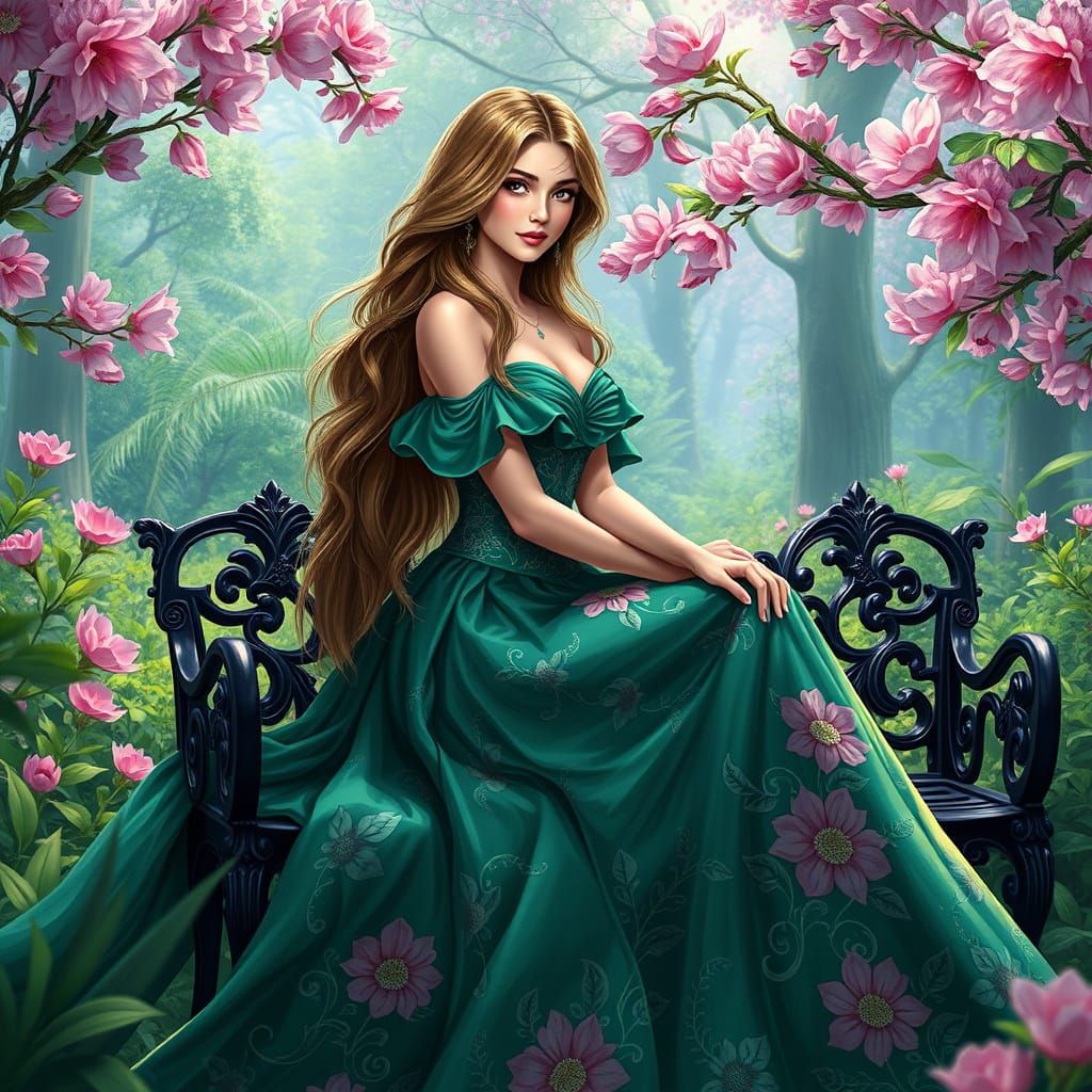 Woman in Emerald Gown in Enchanted Garden