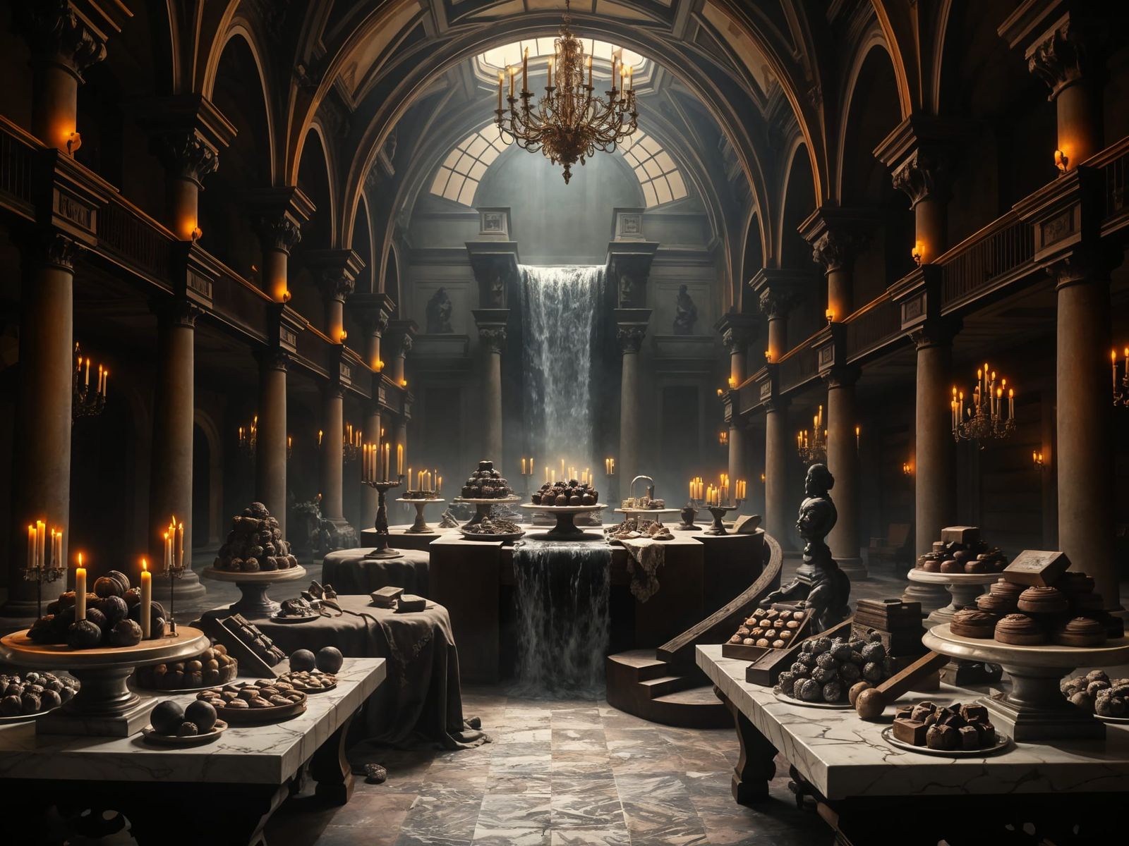 Baroque Chocolate Factory with Cascading Waterfall