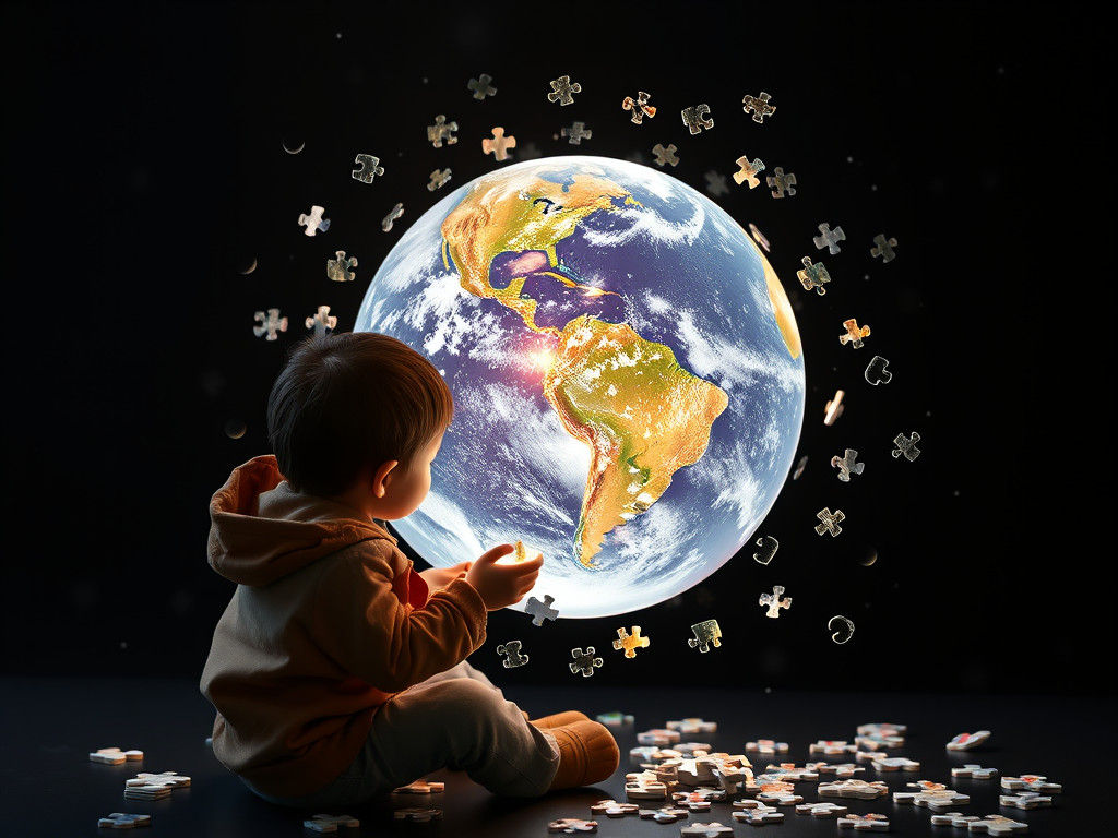 Child Builds Holographic Earth Puzzle with Neon Glow