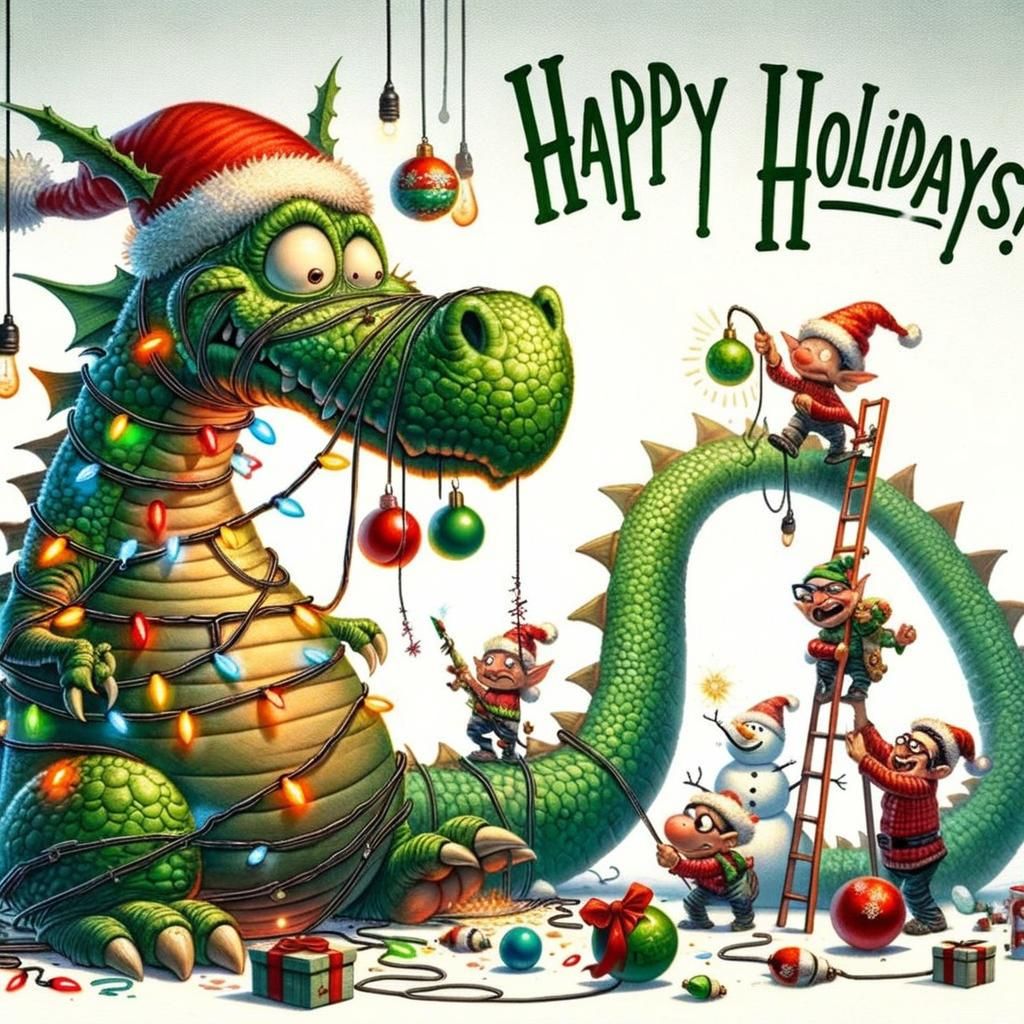 Festive Dragon Christmas Card Illustration