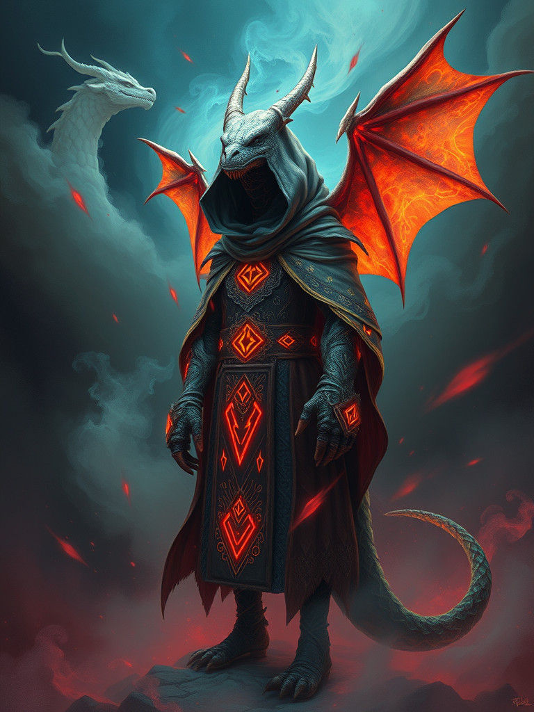 Dragon Shaman in Iridescent Fog, Digital Illustration