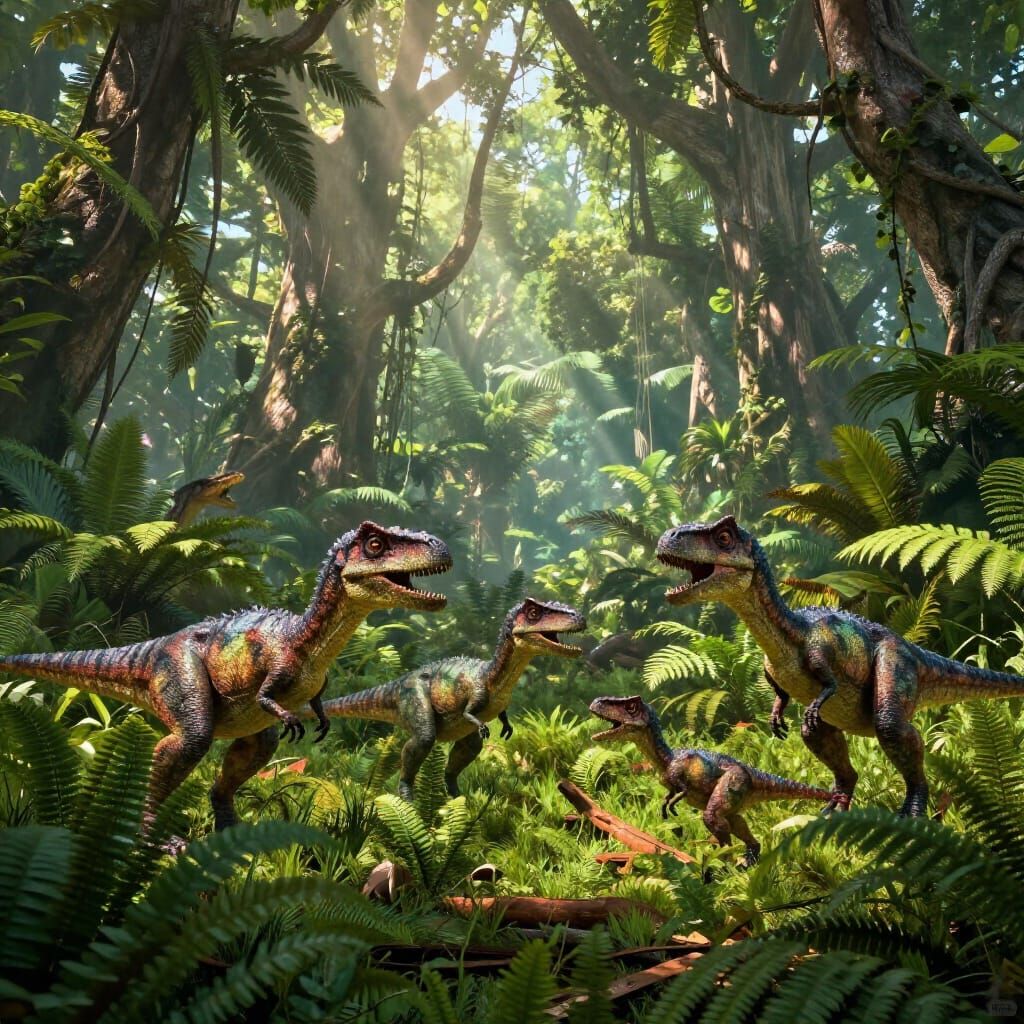 Jungle Scene with Small Carnivorous Dinosaurs