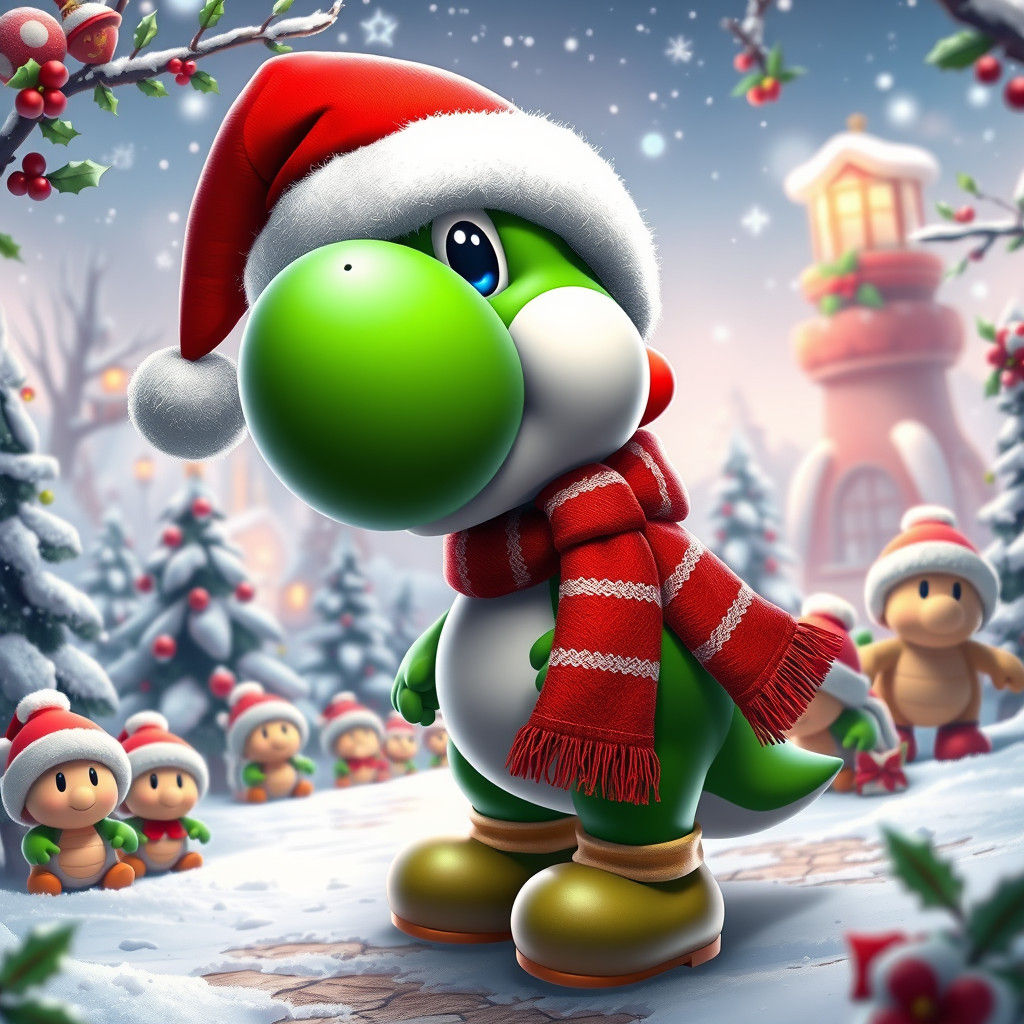 Festive Yoshi in Snowy Christmas Kingdom, Anime Style