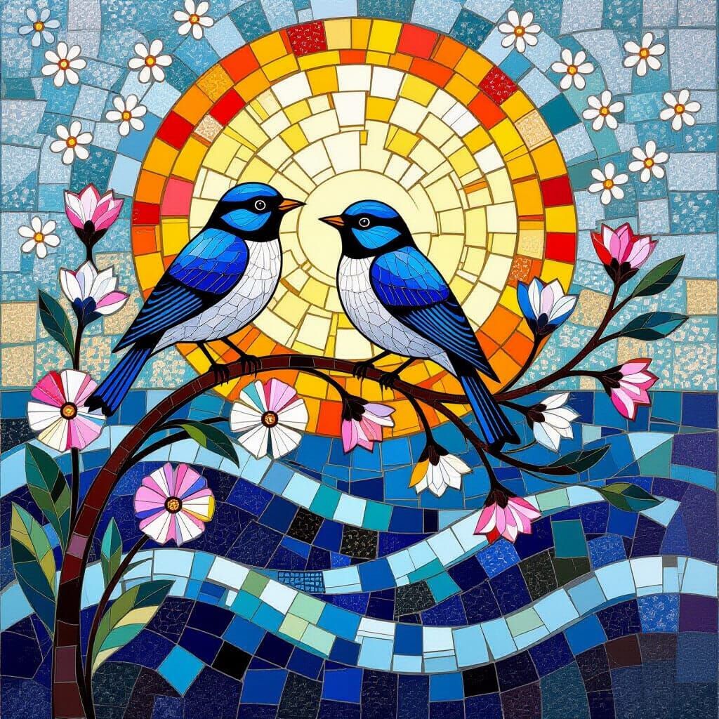Bluebird on Mosaic Flowers with Klimt-Inspired Background