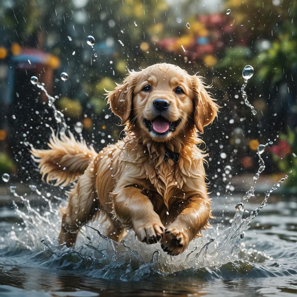 Golden Retriever Puppy Splashing: An Oil Painting