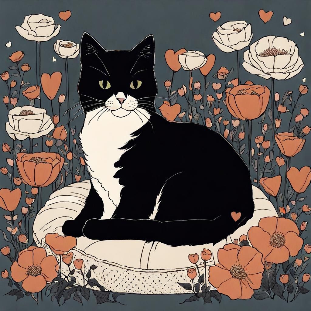 Cute Cat Surrounded by Flowers in Dark Fantasy Style
