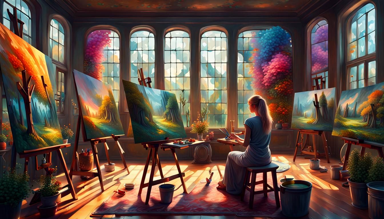 Artist in Colorful Atelier, Dark Fantasy Concept Art