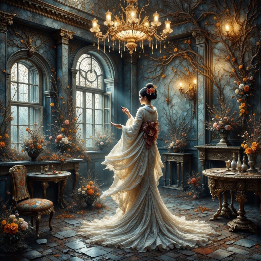 Spectral Geisha in Decaying Art Deco Ballroom