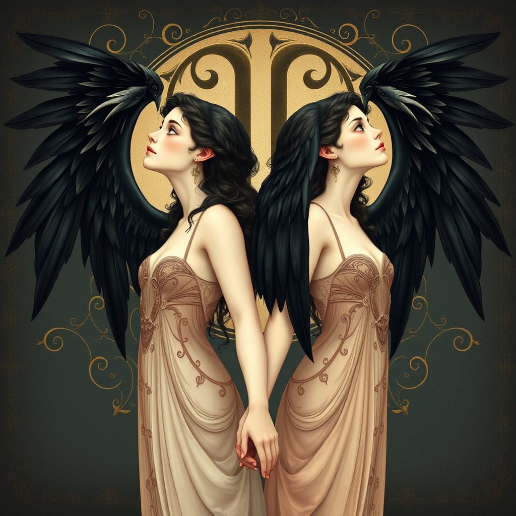 Ethereal Art Nouveau Twin Sisters with Raven Wings and Gemin...