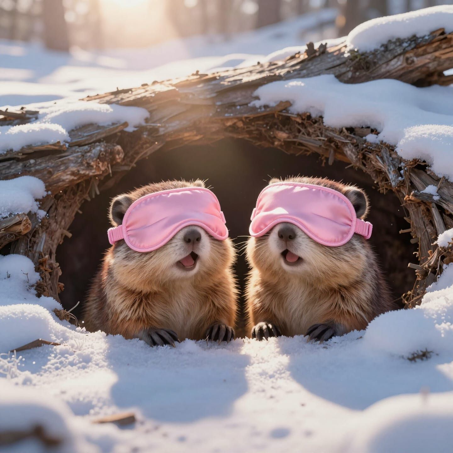 Two Cute Groundhogs Laughing in Sunrise Snow