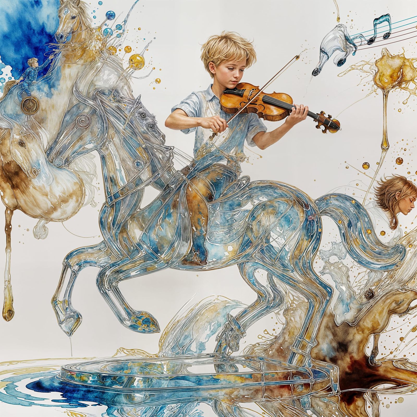 Crystal Glass Boy Plays Violin on Horse in Watercolor Style
