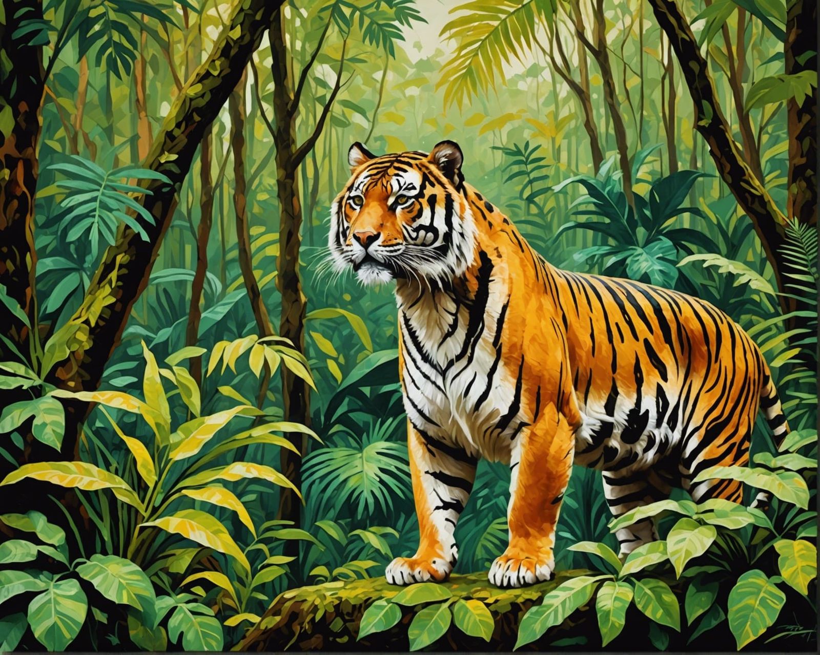 Bengal Tiger in Jungle: Impasto Baroque Painting