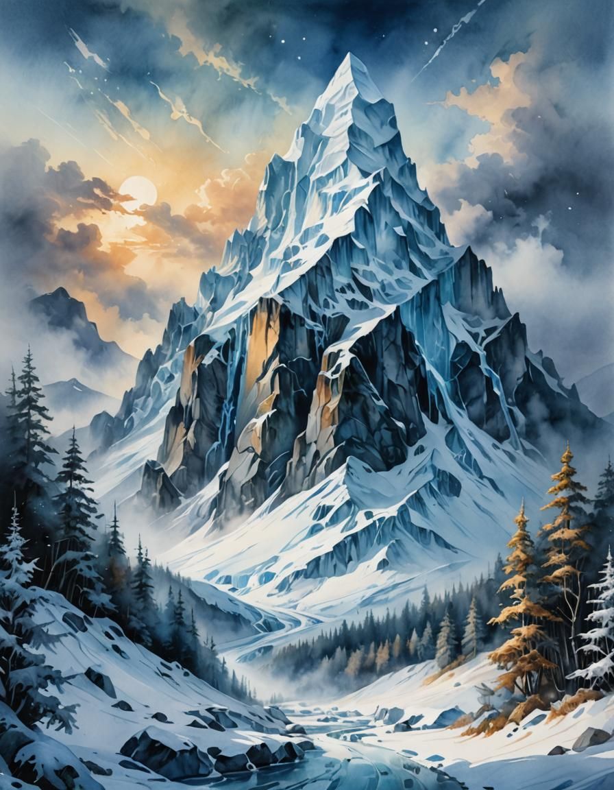 Icy Mountain in Watercolor Style with Forest Below