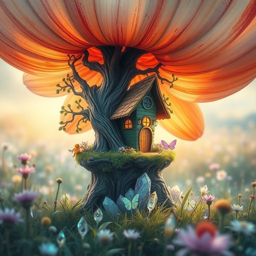 Miniature Treehouse & Fairies in Giant Flower