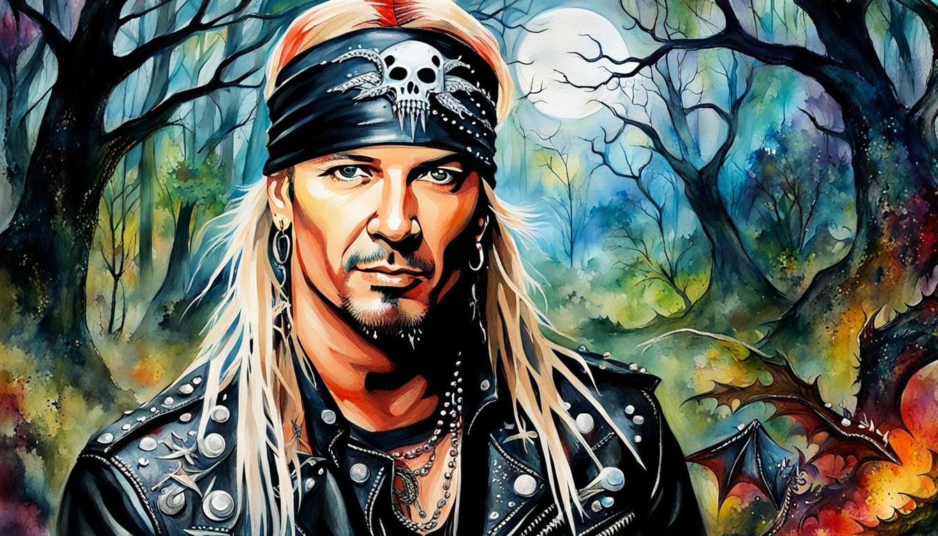 Rock Singer in Gothic Dragon Forest, Watercolor Portrait