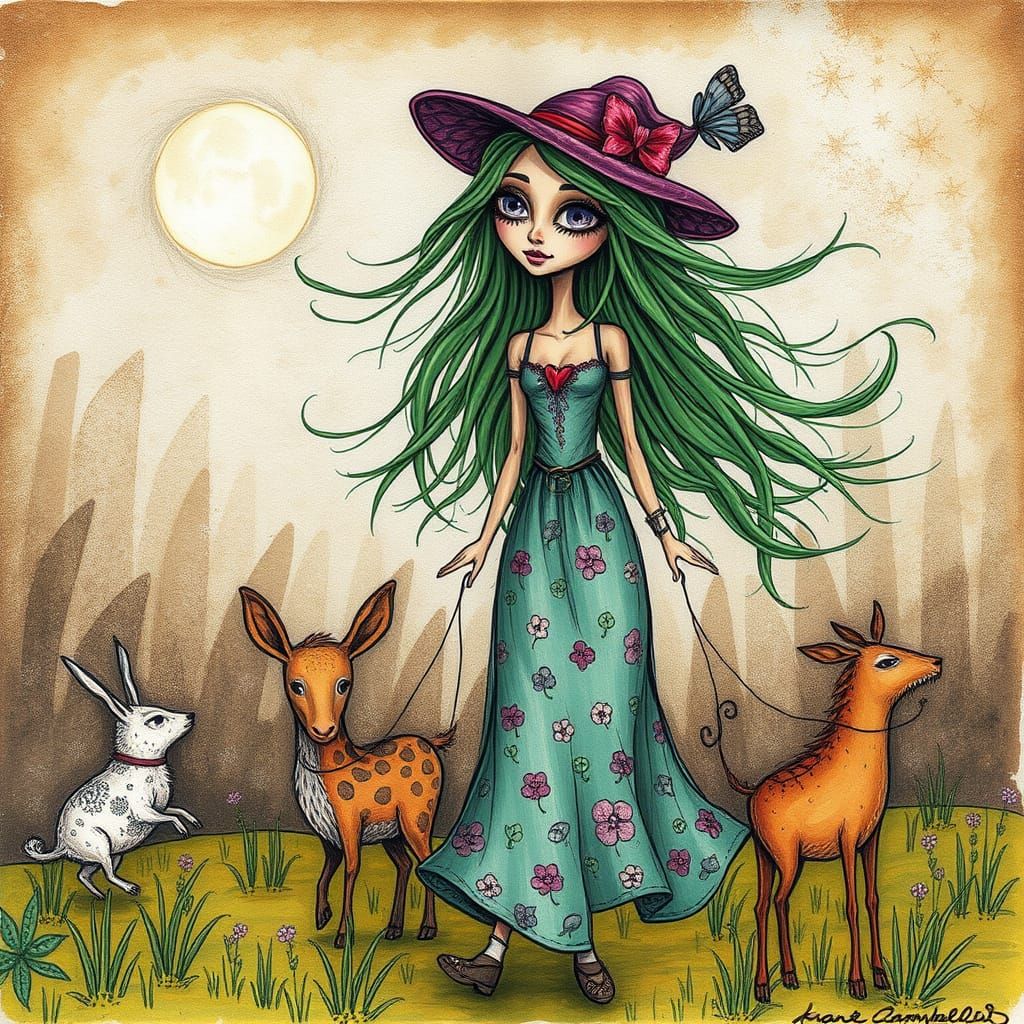 Whimsical Woman Walks with Quirky Creatures in Mixed Media A...