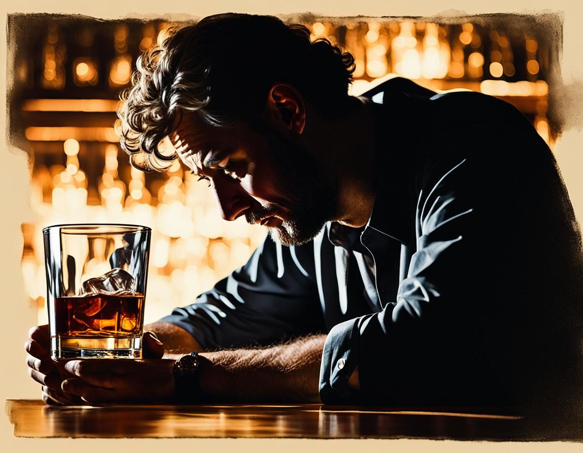 Chiaroscuro: Man in Dimly Lit Bar with Whiskey
