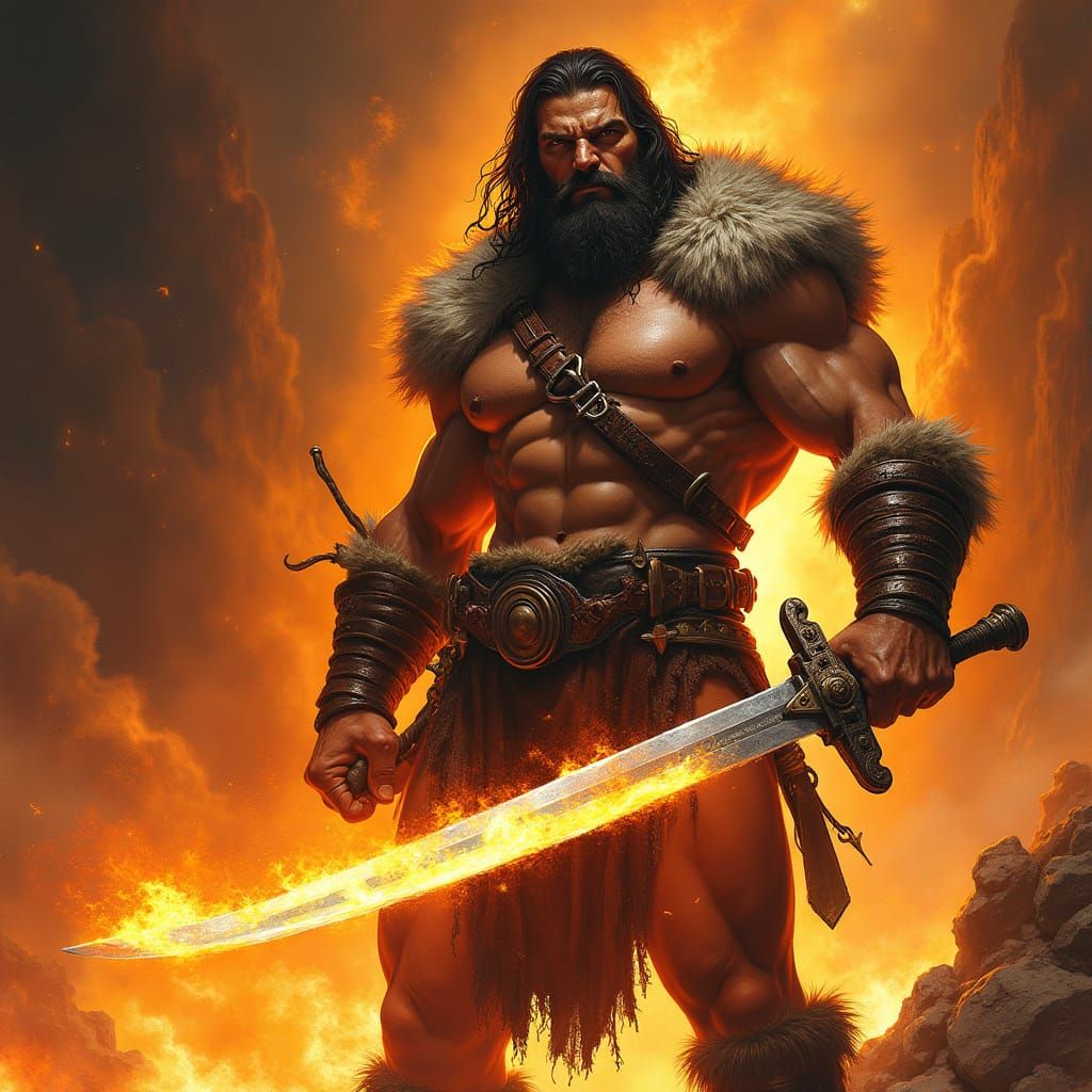 Barbarian Warrior with Flaming Sword in Inferno