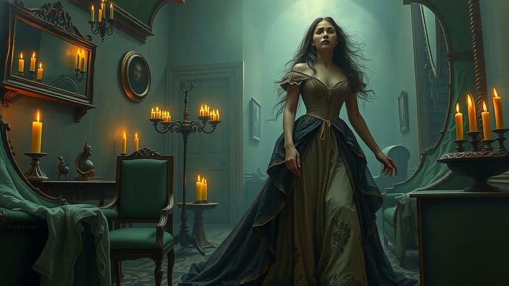 Dreamlike Labyrinth with Victorian Woman in Surreal Style