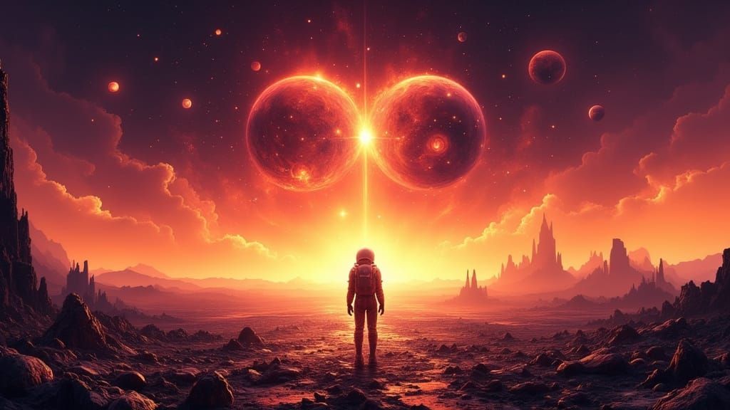 Astronaut Views Binary Sunset on Alien Planet