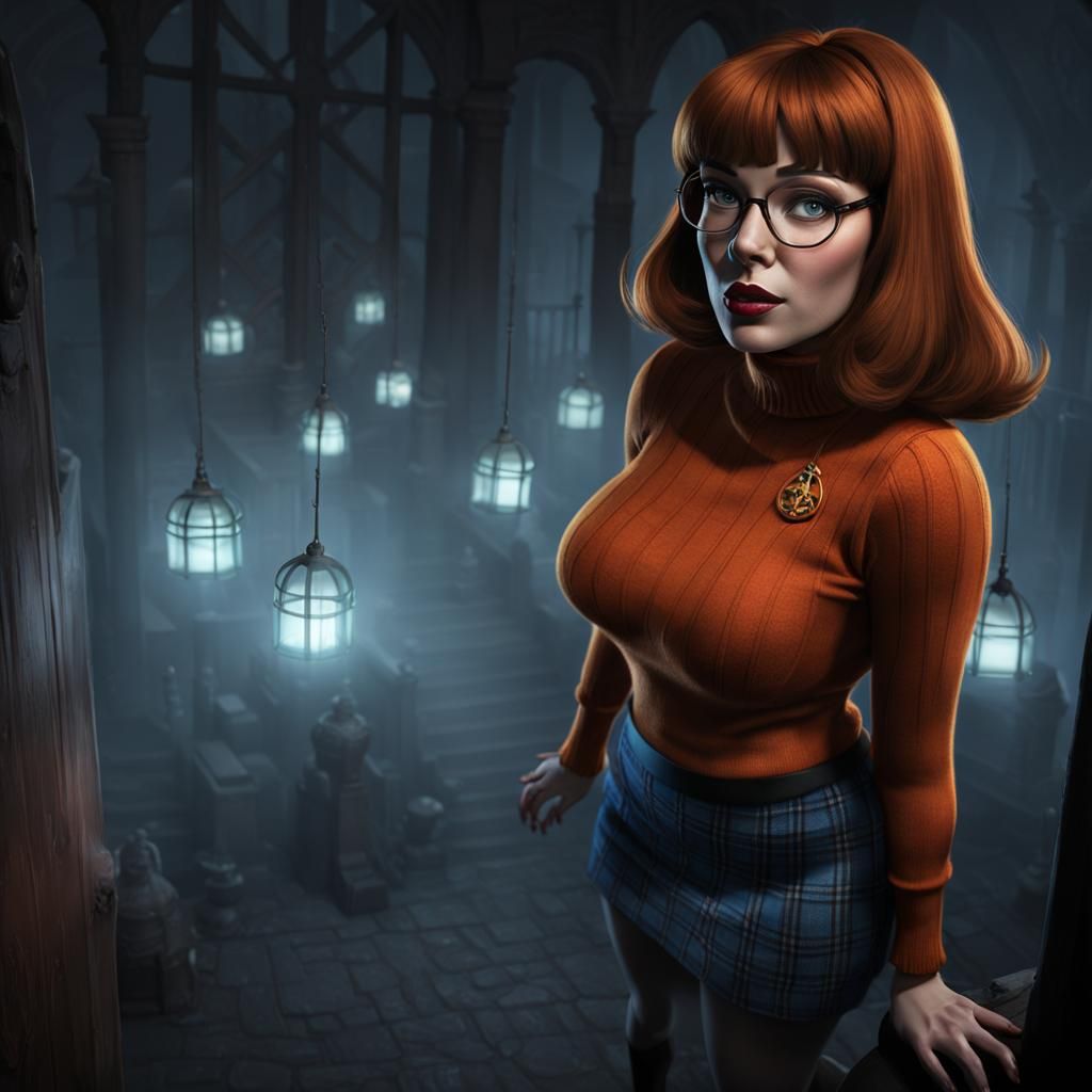 Cartoon Woman in Haunted House with Ghosts