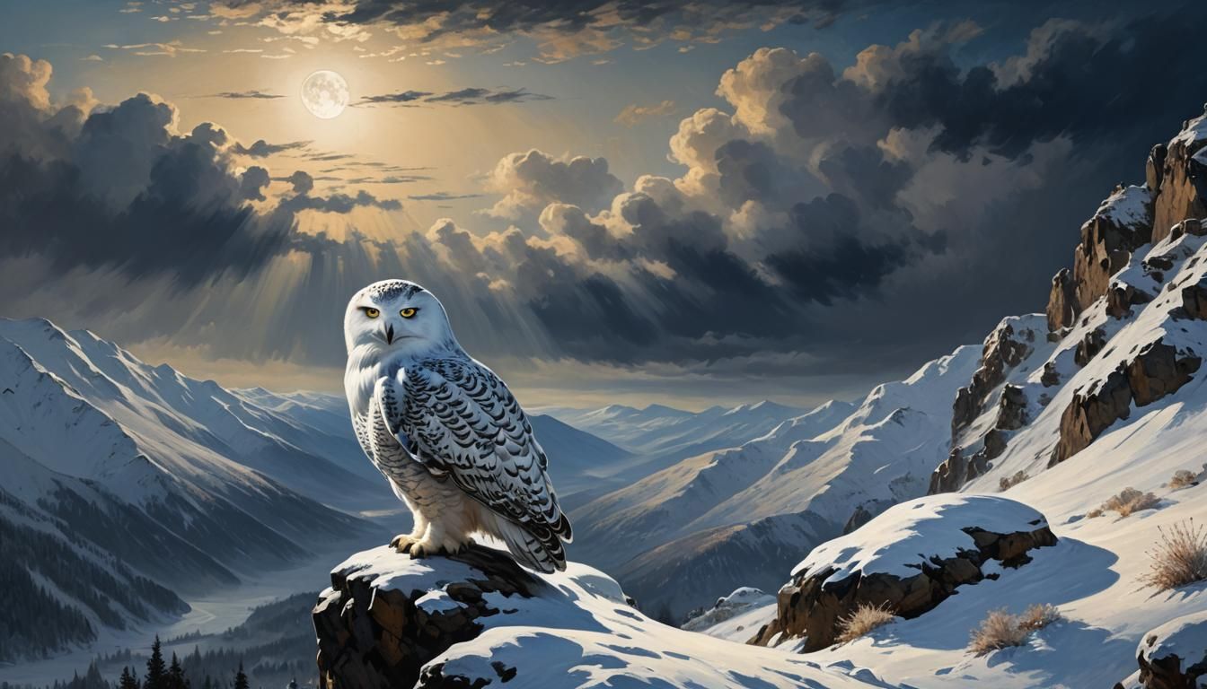 Moonlit Snowy Owl on Snowy Mountain Landscape