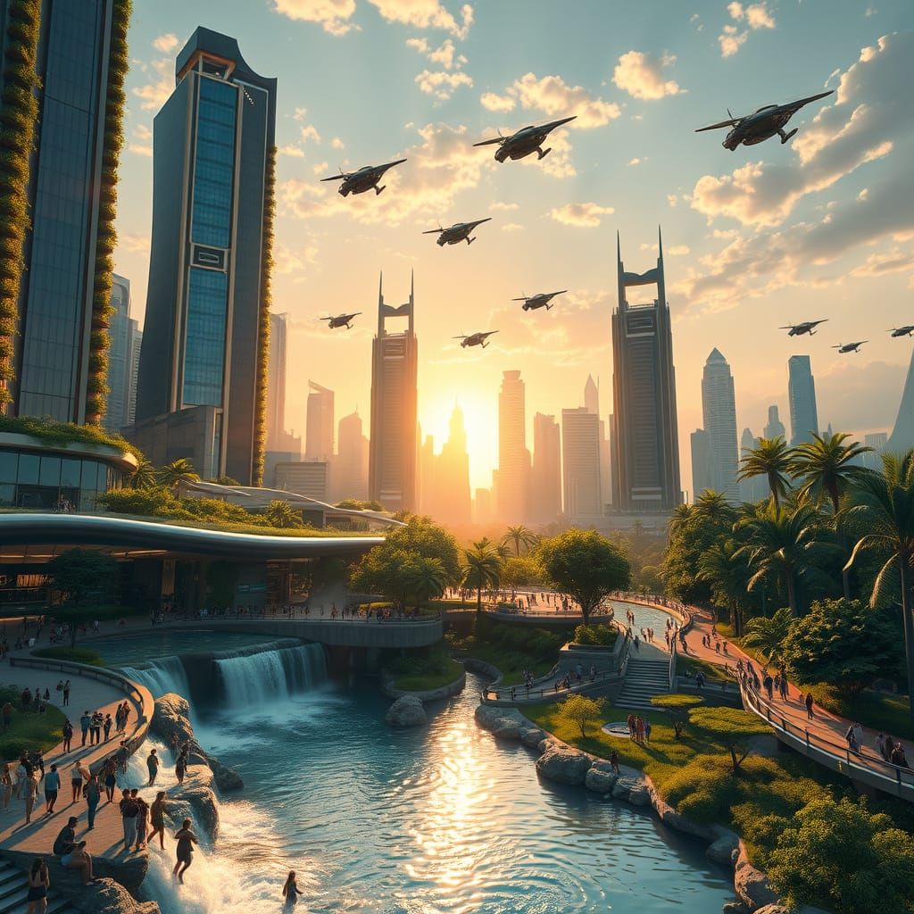 Ethereal Futuristic Utopia Unfolds at Sunset