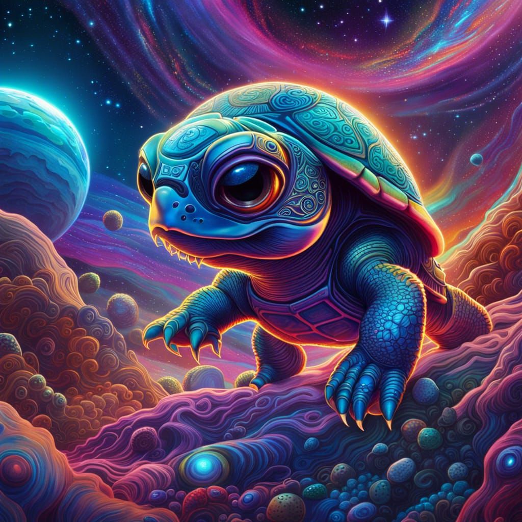 Galactic Alien Turtle Trip: Holographic Astral Illustration
