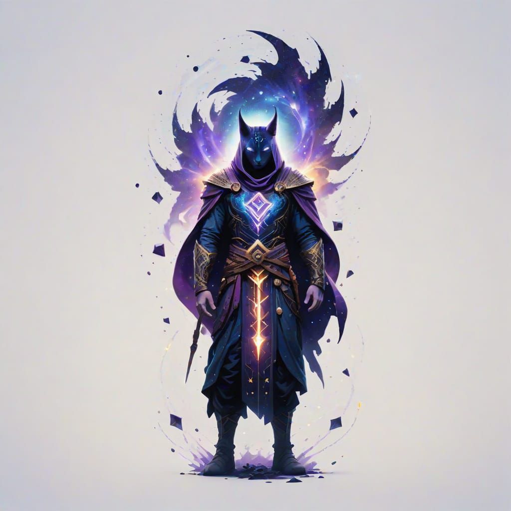 Hero in Cosmic Landscape with Glowing Runes