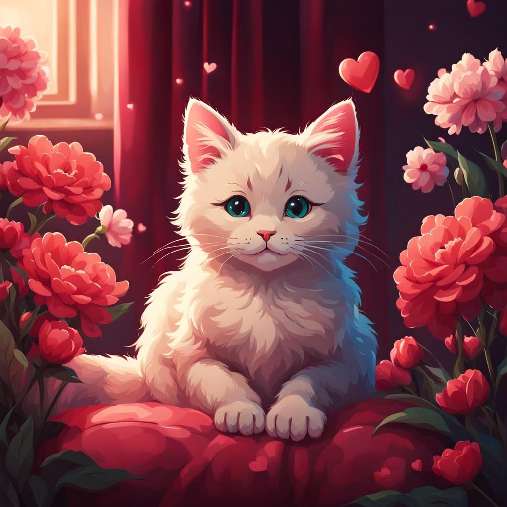 Cute Cat Surrounded by Flowers, Fantasy Art