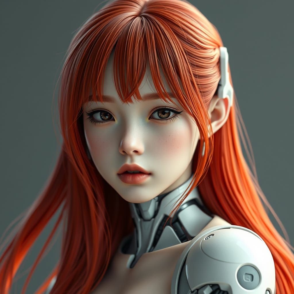 Cyborg Goddess in Vibrant Red Locks, 8K Portrait of Teenage ...