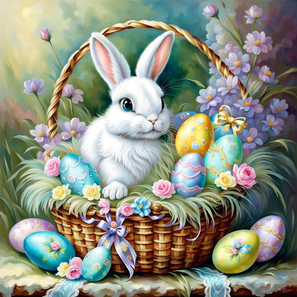 Ornate Easter Basket with Bunny in Kinkade Style
