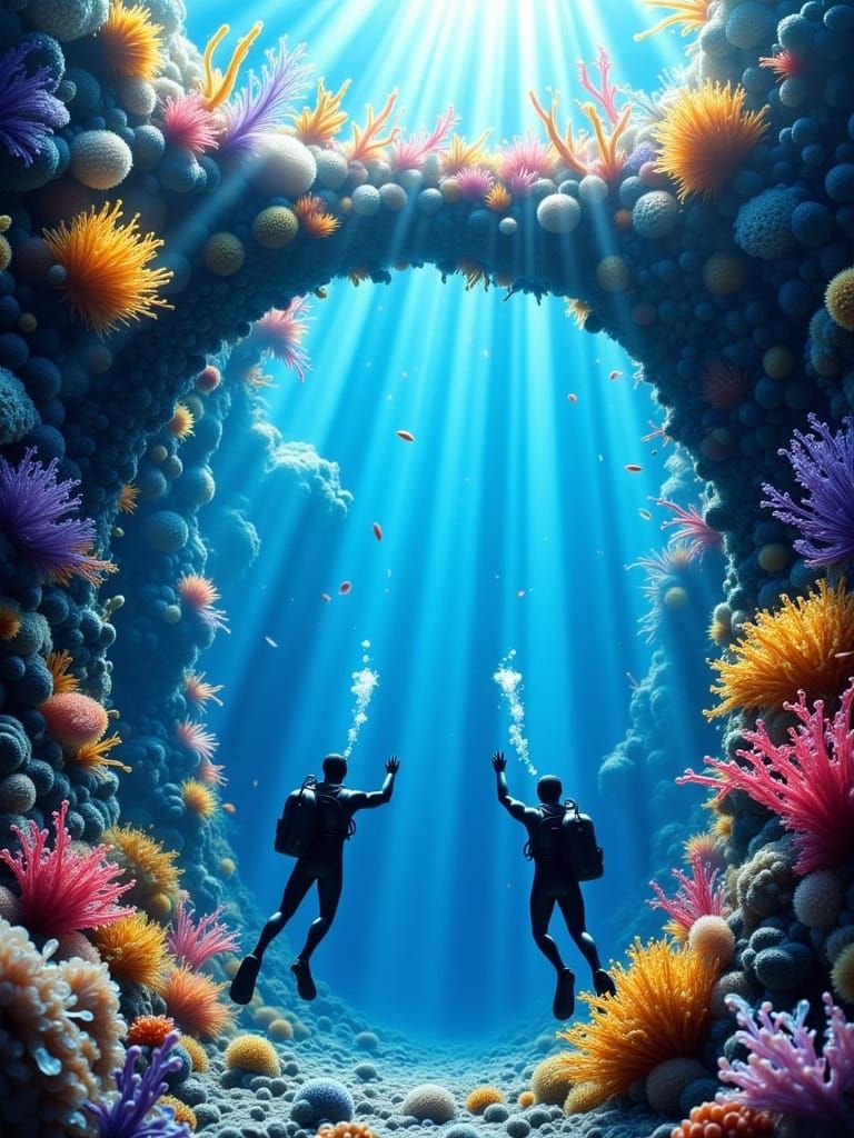 Surreal Underwater World with Glowing Coral and Divers