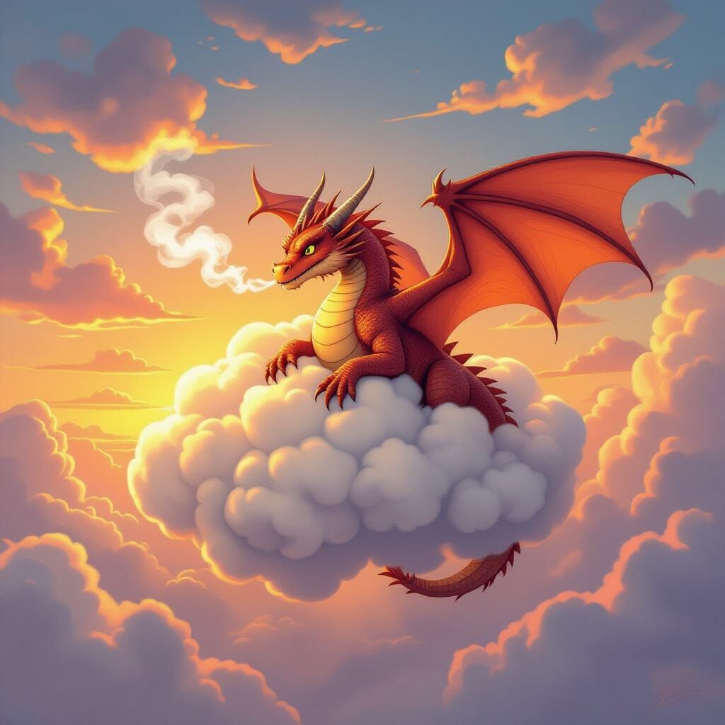 Frustrated Dragon Tangled in Fluffy Cloud at Sunset