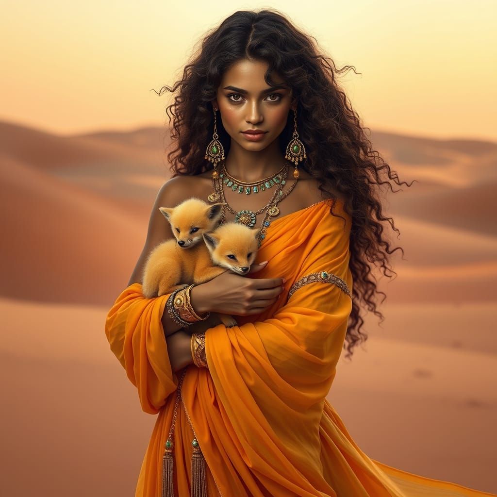 Woman with Fox in Desert, Digital Art
