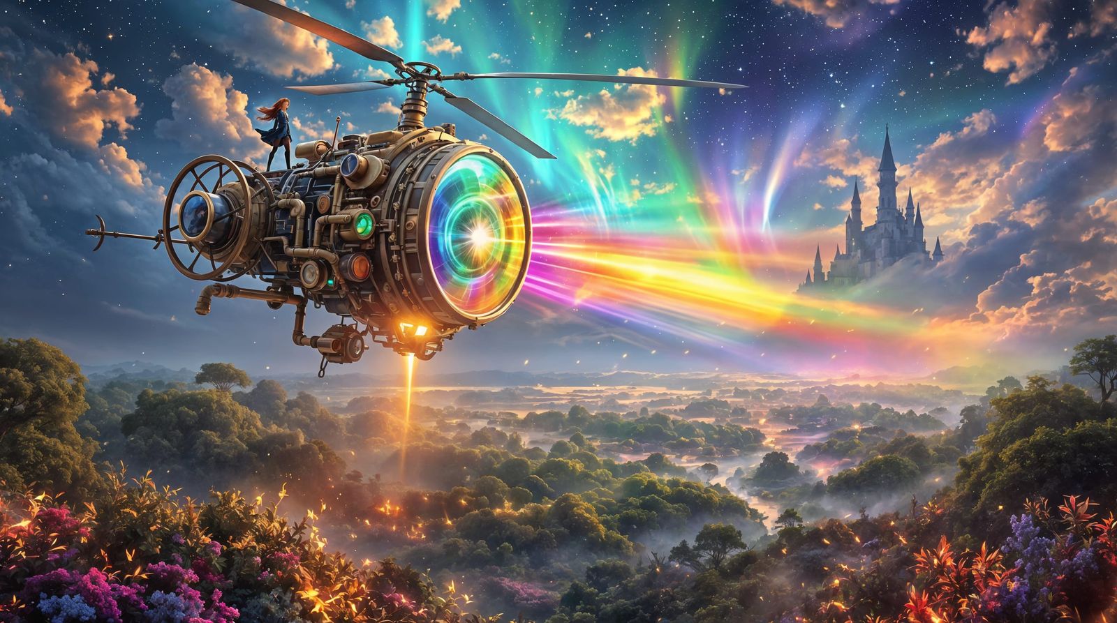 Fantasy Landscape with Steampunk Camera and Rainbow Light