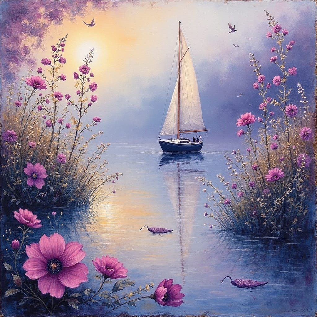 Whimsical Australian Sailboat Scene in Oil Paint Style