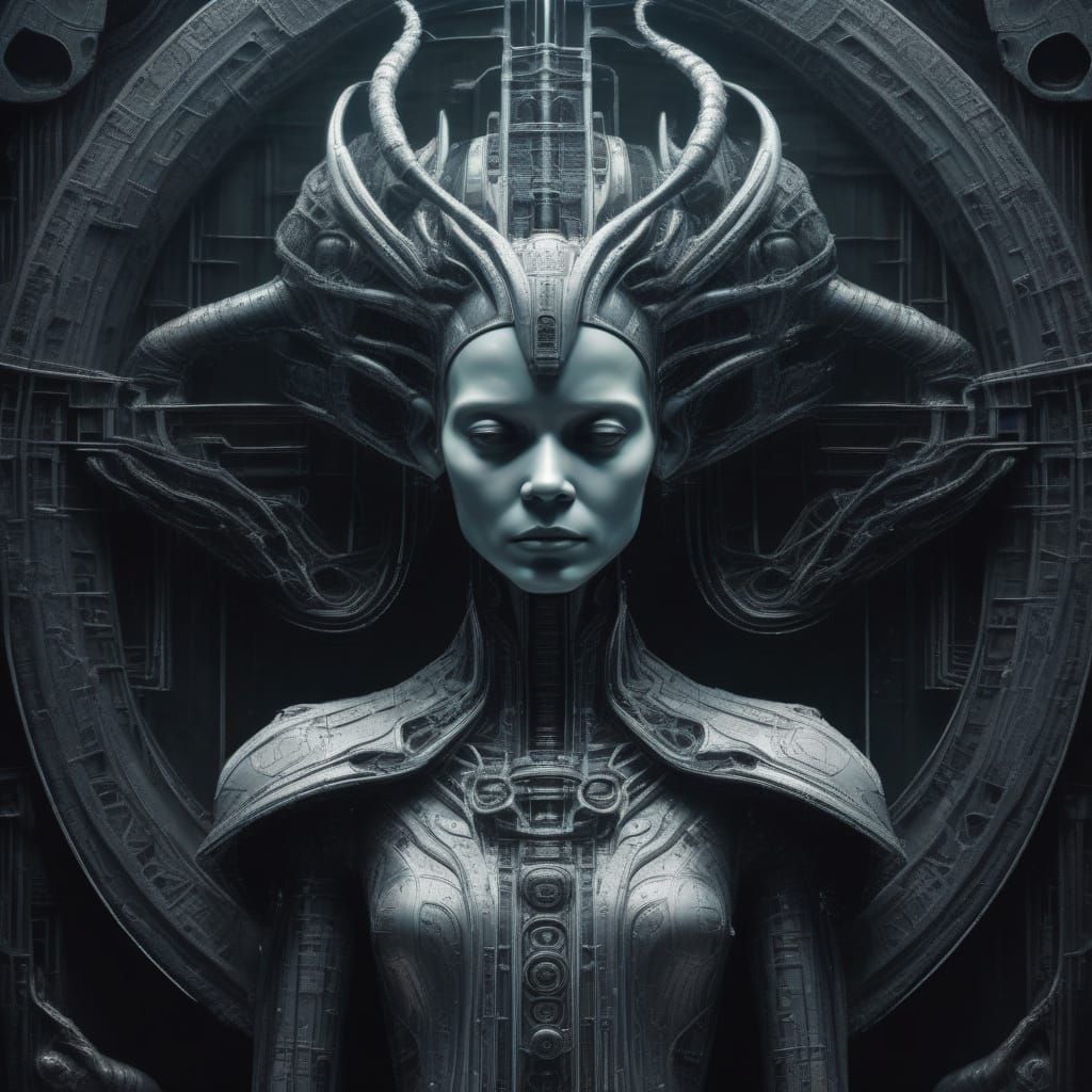Melancholic Queen Portrait in Eerie Futuristic Style