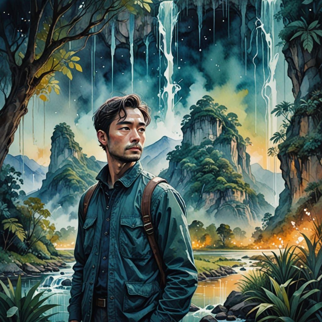 Surreal Mixed Media Masterpiece of Serene River Landscape