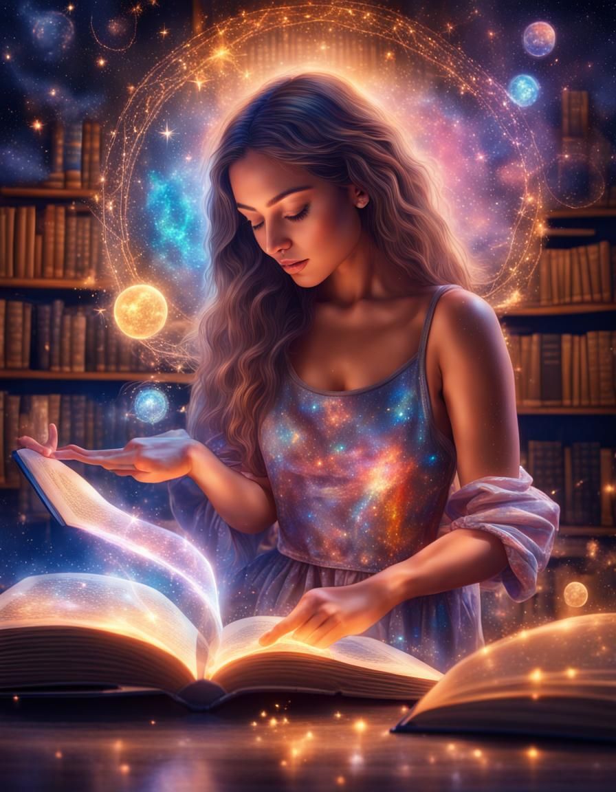 Girl Opens Book to Reveal Magic Library, by Amaringo